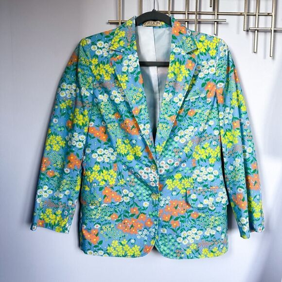 Vintage Flower Power Blue Orange Cotton Blazer Size Small - Picture 1 of 13
